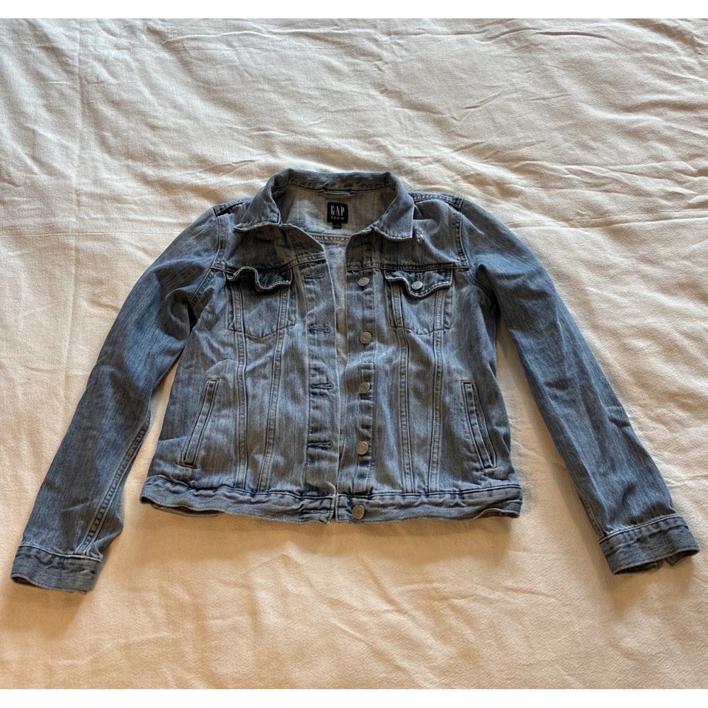 Gap Womens Denim Icon Jacket Medium Wash Blue Distressed Jean Jacket Small Model